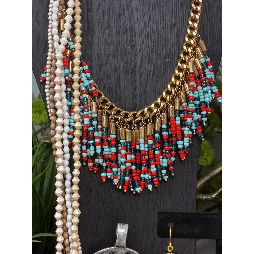 Vintage Colorful Seed Bead Fringe Bib Necklace Gold Tone Boho Southwest - Picture 2 of 9